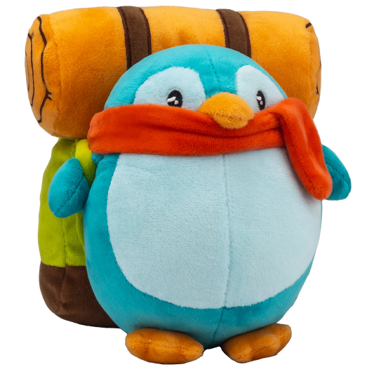 Product images of the Pio Goes Camping t-shirt, Pio the Pioneering Penguin 8in Plush, and the Clumsy Pio pin together in image. Not to scale.