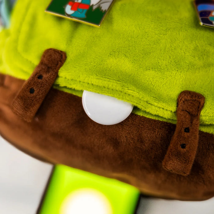 Close up of Pio's backpack, showcasing the pocket to store a smart tracker